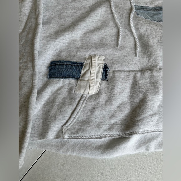 Unemployed Denim Gray Cropped Hooded Sweatshirt w/ Denim Patches - Picture 2 of 6